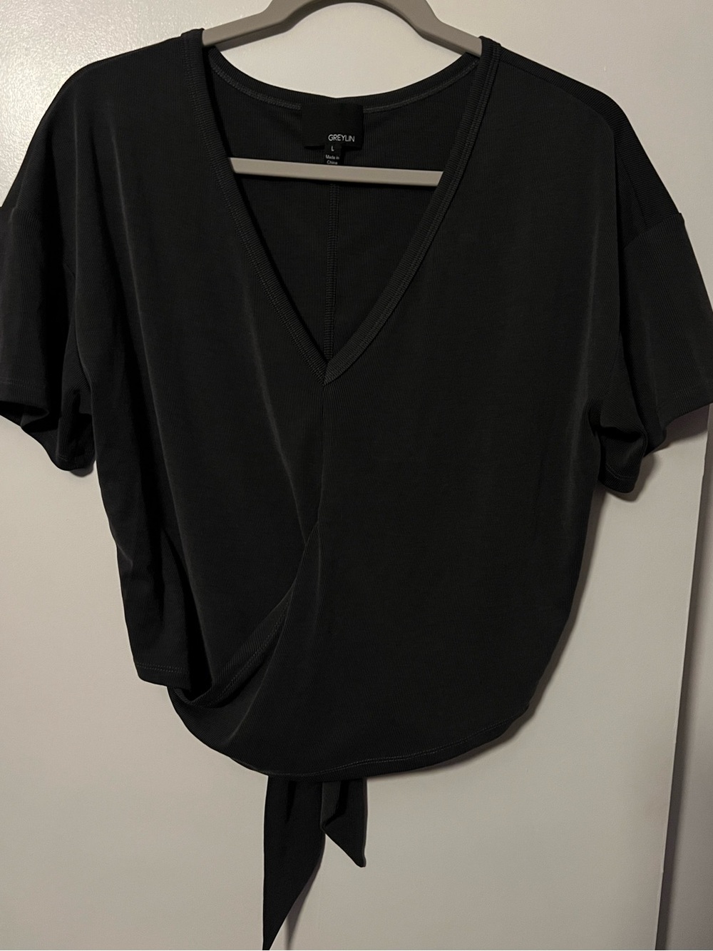 Greylin Black V-Neck Tie-Front Crop Top - soft, ribbed texture, stretchy